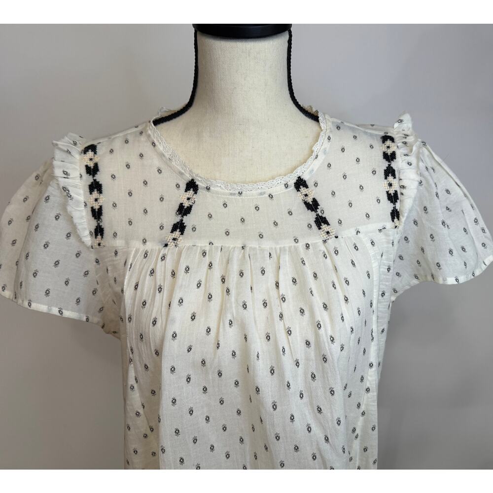 Lucky Brand Ivory Black Embroidered Ruffle Sleeveless Blouse NWT Boho Top
